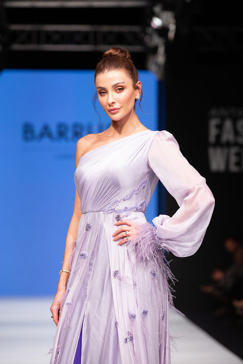 SILK ONE SLEEVE DRESS WITH SPREADING INLAID DETAIL - Barrus London